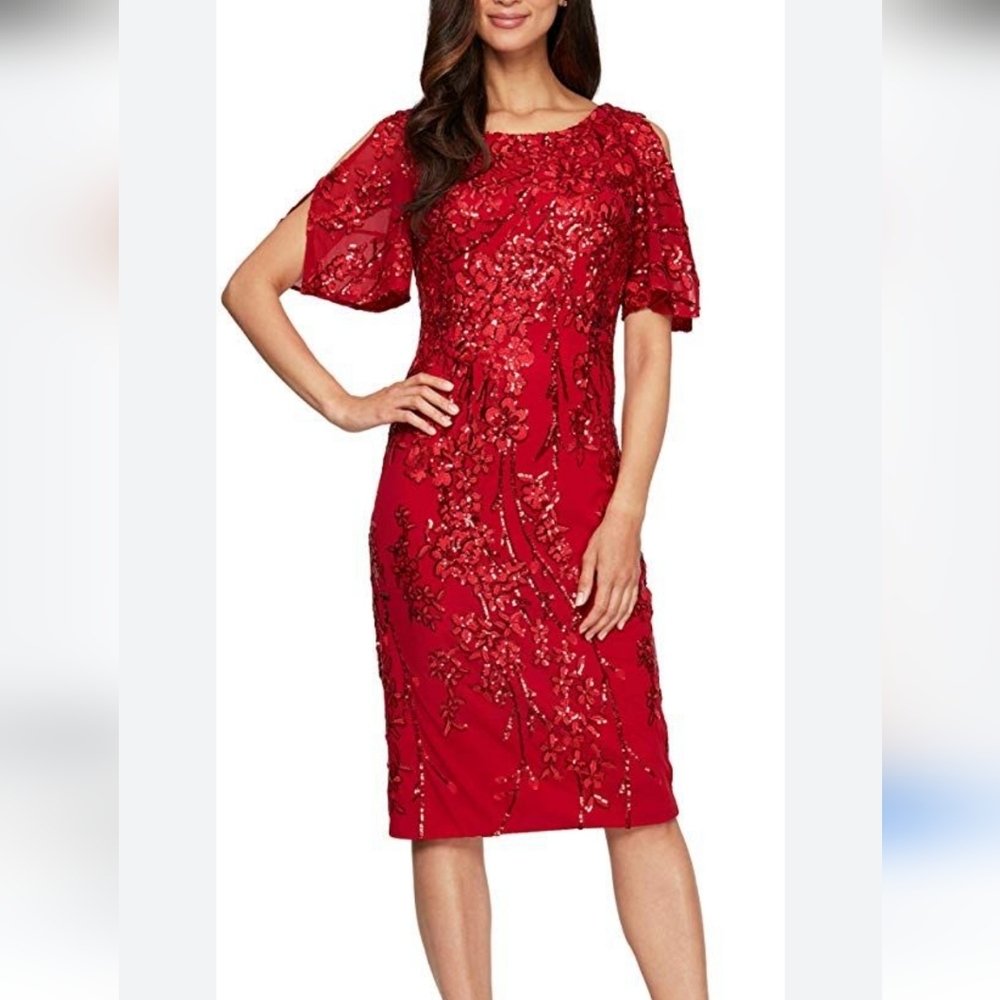 ALEX EVENINGS RED SEQUIN SHEATH DRESS - Picture 8 of 9
